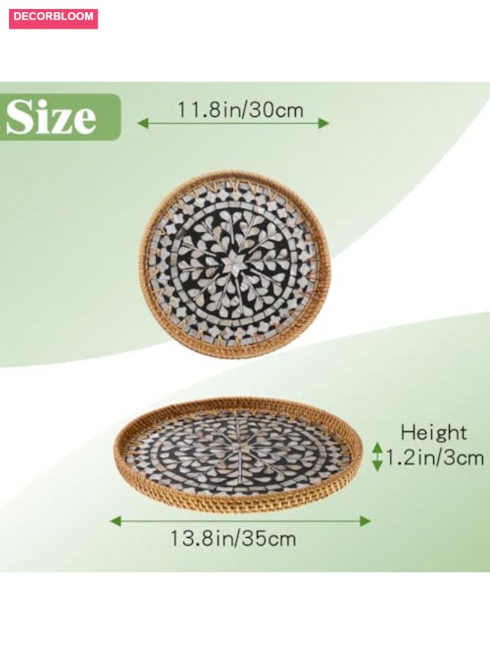 Set of 2 Round Rattan Serving Trays with Mother of Pearl Inlay - Picture 2 of 6